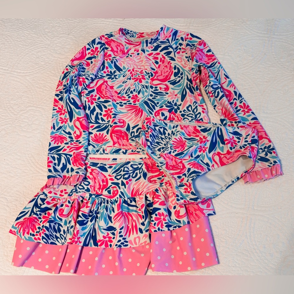 Cynthia Rowley Pink and Blue Flamingo Floral Kids Swim Rashguard